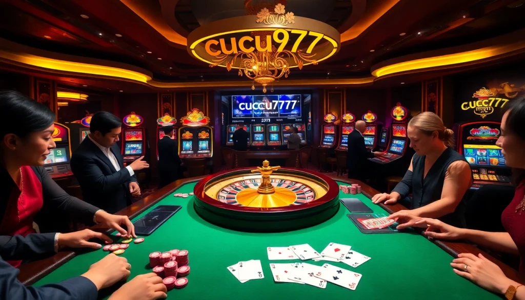 Experience the excitement of cucu777 at a luxurious casino with roulette, poker cards, and colorful chips.