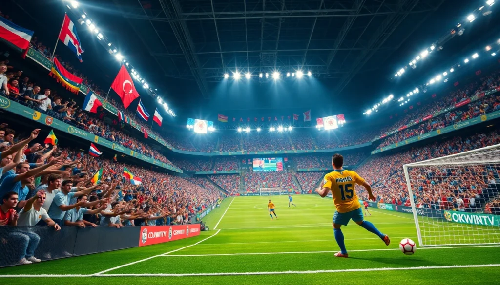 Experience the excitement of live soccer on OKWINTV, featuring vibrant fans, players, and digital scoreboards in a dynamic stadium scene.