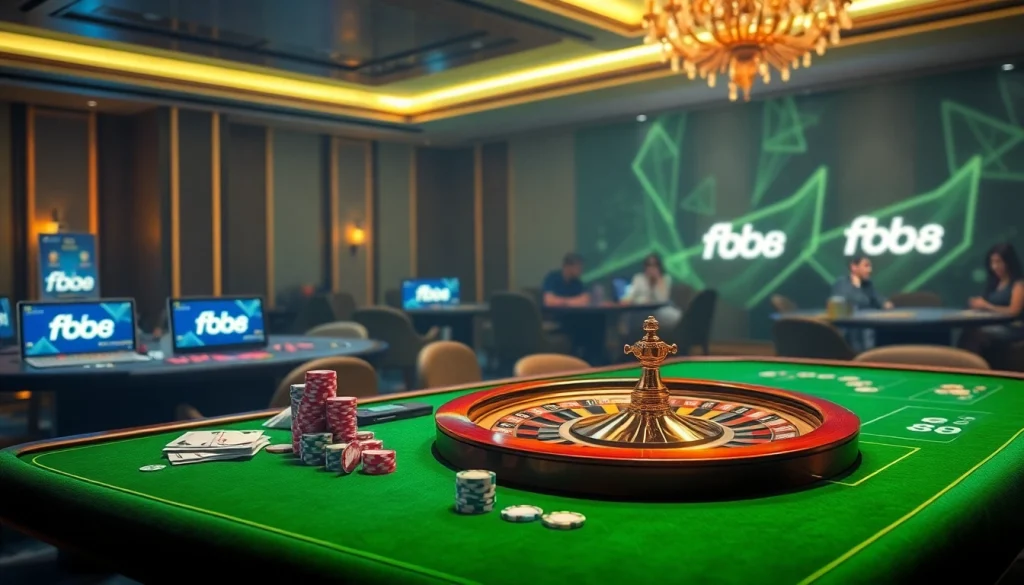Experience high-stakes excitement with fb88's vibrant casino atmosphere filled with poker chips and dynamic gaming.