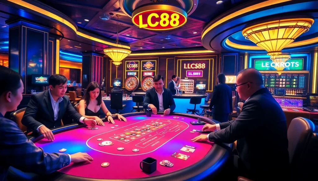 Players enjoying an exciting blackjack game at LC88's luxurious casino table.