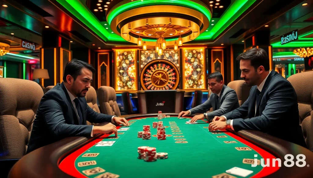 Jun88 players engaged in an intense poker game at a luxurious casino table, showcasing stakes and excitement.