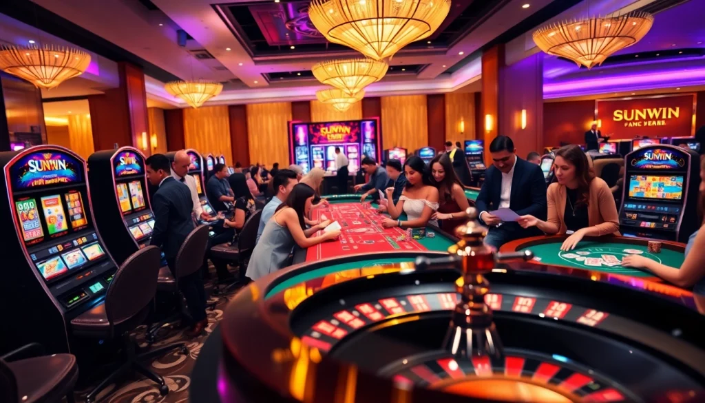 Experience the vibrant atmosphere of Sunwin casino with players enjoying thrilling games.