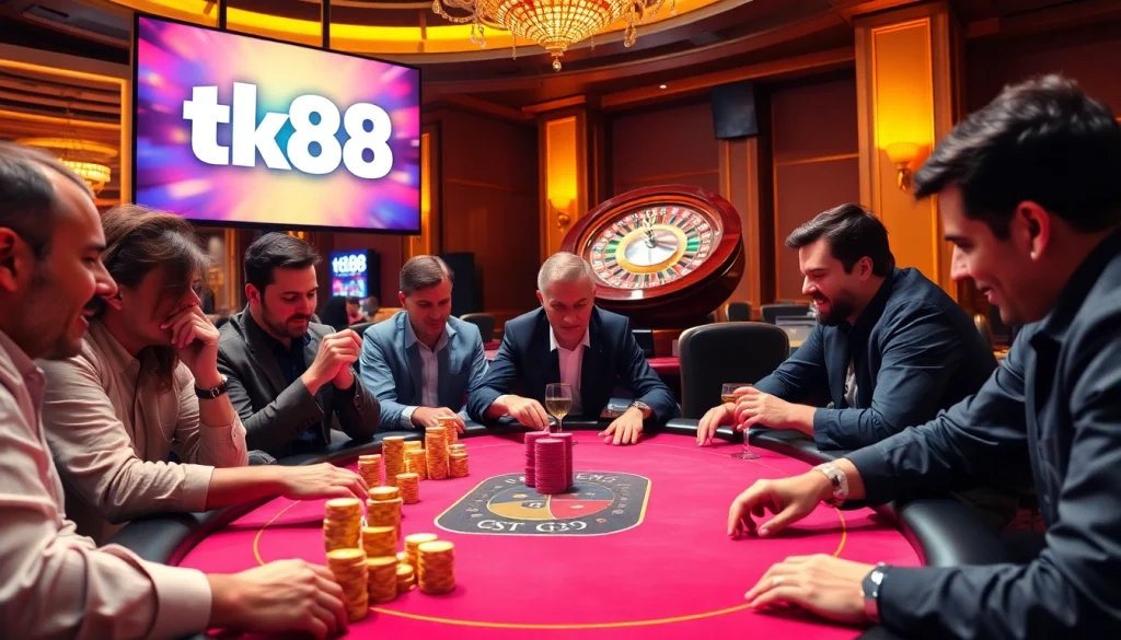 Players engaged in an intense poker game at tk88 casino, highlighting luxury and excitement.