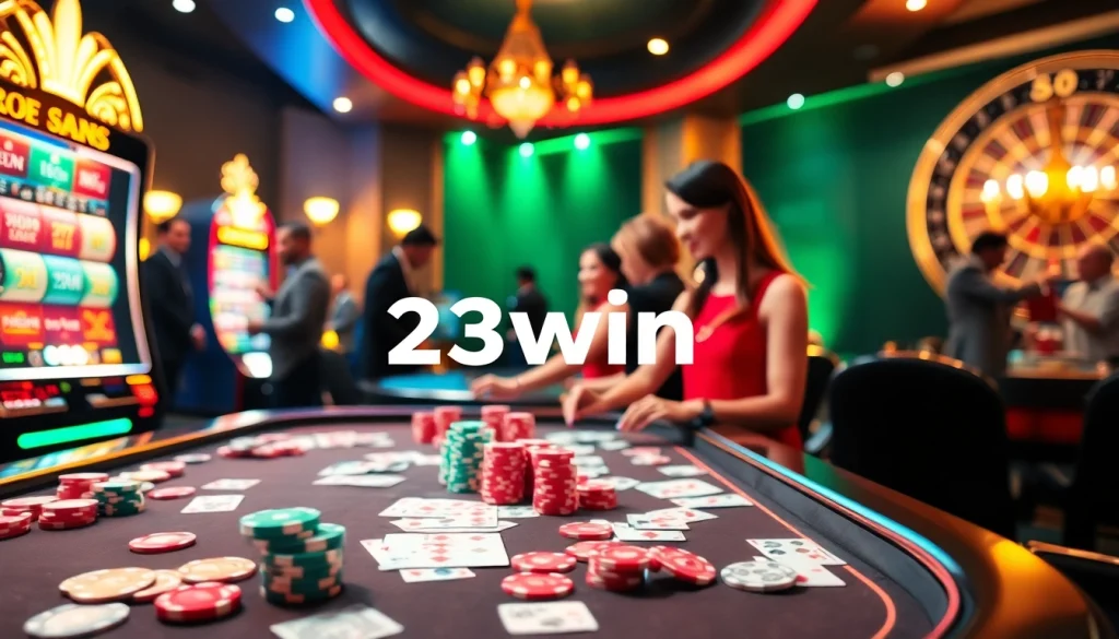 Exciting gameplay at a luxury casino highlighting 23win with poker chips and vibrant slot machines.