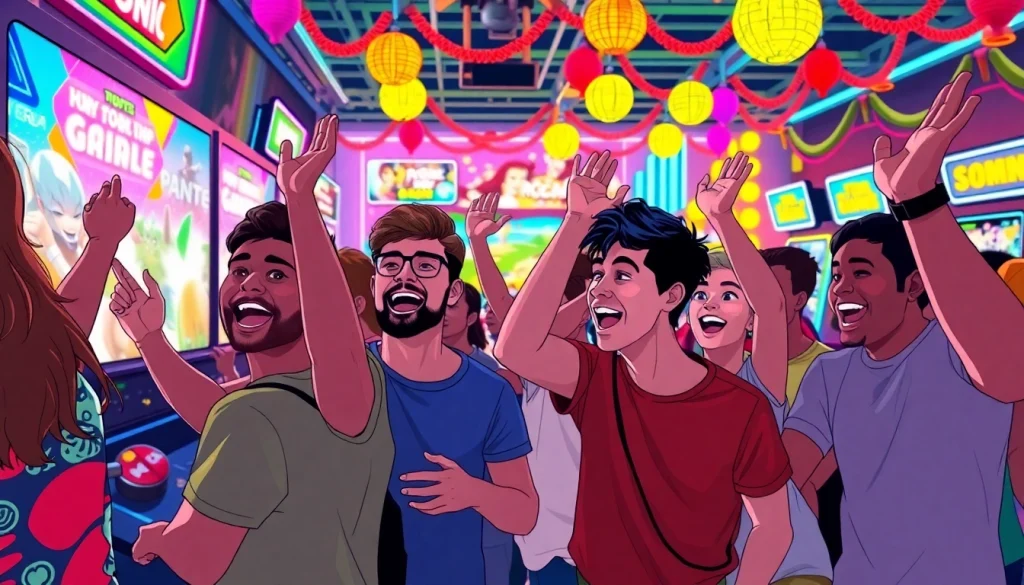 Gamers enjoying a thrilling moment in hi game during a vibrant arcade celebration.