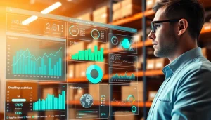 Engaging scene of AI supply chain management with a data analyst using a futuristic dashboard interface.