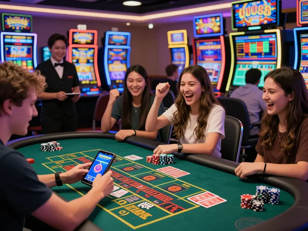 Enthusiastic player engaging with UU88's online casino, showcasing vibrant game atmosphere and excitement.
