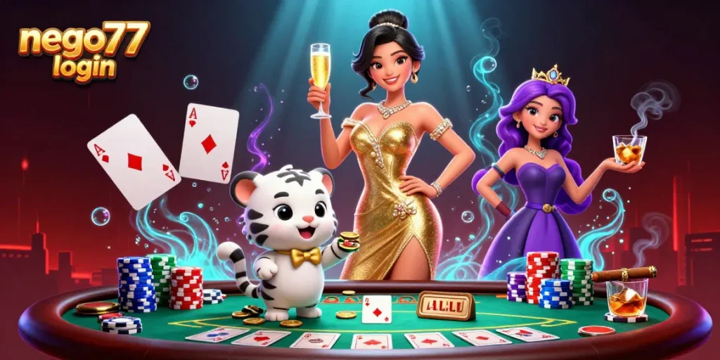 Play exciting casino games and access nego77 login seamlessly with vibrant characters and poker elements!