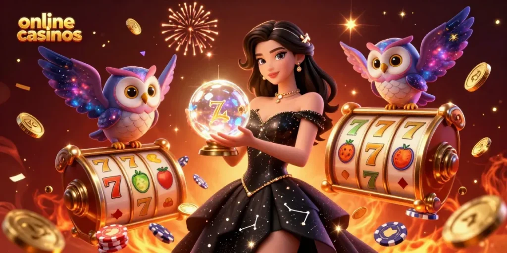 Engage in thrilling online casinos with vibrant slot reels and captivating symbols in this lively 3D scene.