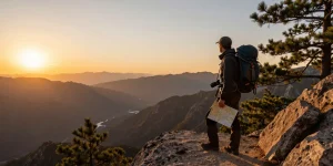 Adventure seeker overlooking stunning mountains at sunset during exploration at AA88.com.