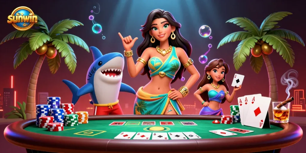 Engage with sunwin's vibrant casino scene featuring a glamorous woman and playful shark, set amidst poker elements.