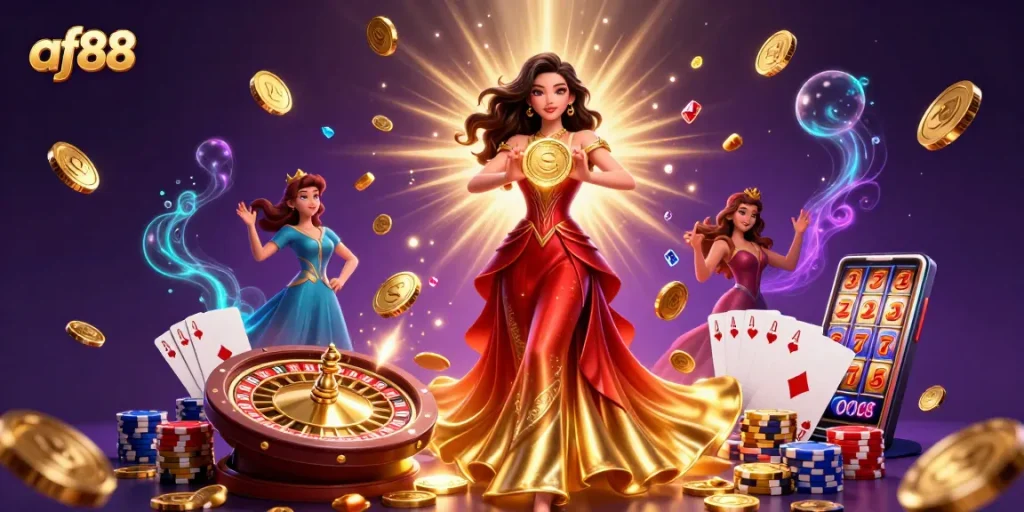 Engage in thrilling gameplay with af88, showcasing a stunning casino scene filled with a gorgeous woman holding a golden coin.