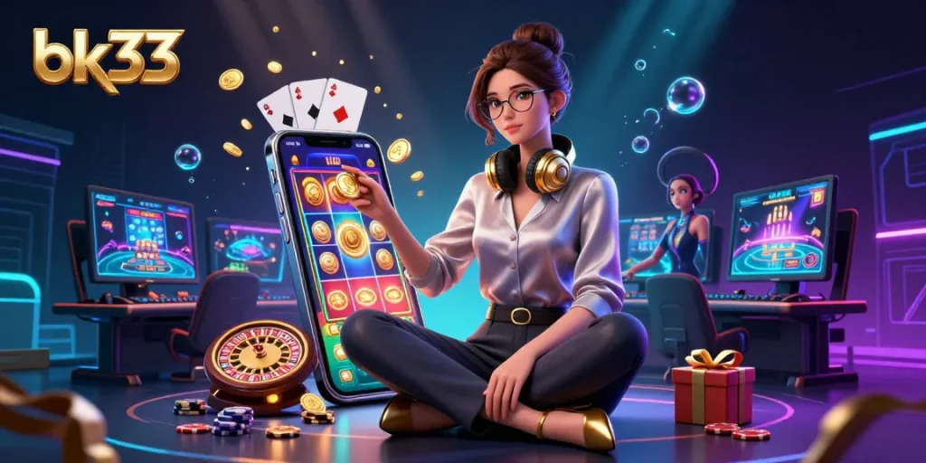 Experience live casino excitement at bk33 with a professional gamer exploring vibrant slots and winnings.