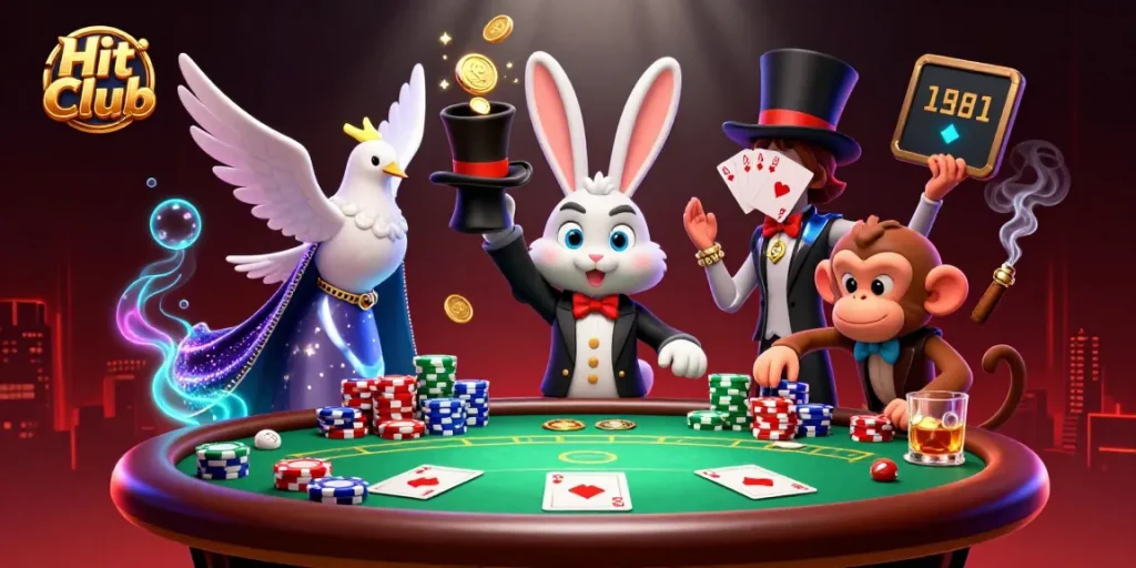 Hit Club showcases a magical scene with a rabbit, dove, and monkey amidst dynamic poker action.