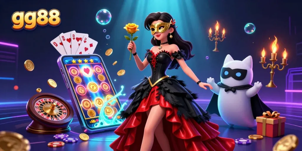 Win big with gg88 featuring a stunning 3D woman and casino elements in vibrant colors.