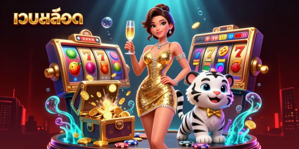 Experience the excitement of เว็บสล็อต with vibrant slot reels and glamorous characters in a thrilling casino scene.
