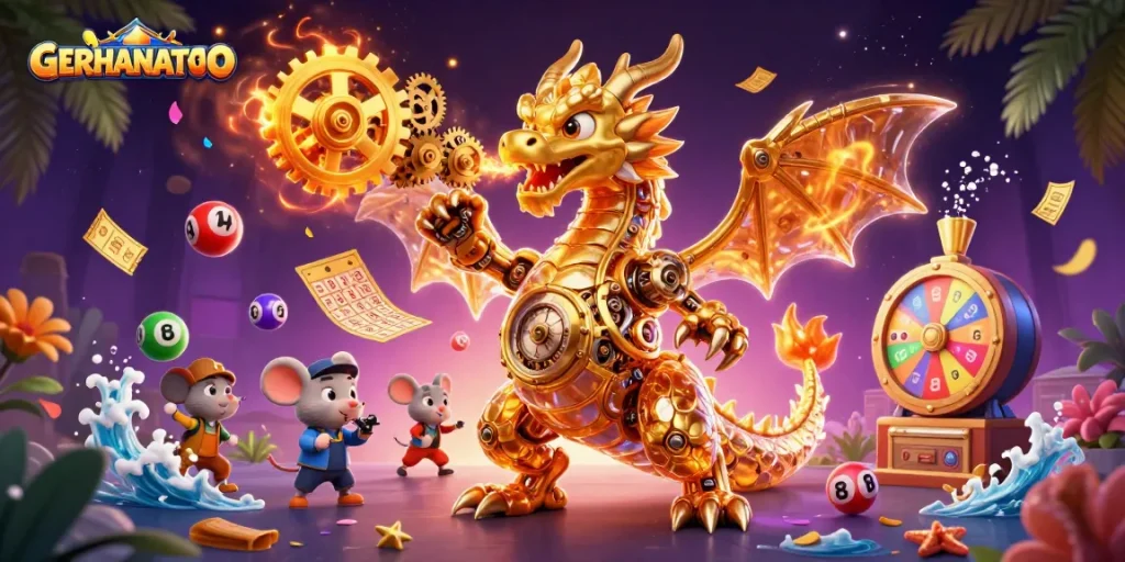 GERHANATOTO menyajikan desain ilustrasi 3D menarik dengan naga emas dan elemen permainan lotere yang dinamis.
