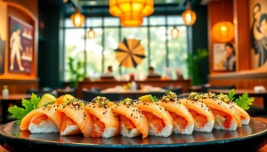 MISTER HOKI sushi platter displayed elegantly in a vibrant restaurant setting.