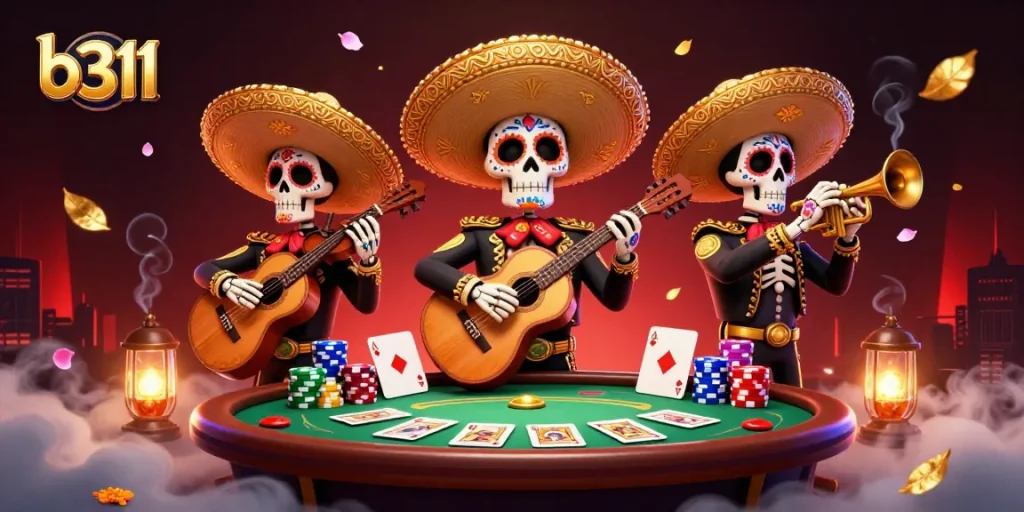 Apostadores jogam com o b311 enquanto misturam cartas e fichas de poker coloridas em um cenário vibrante.
