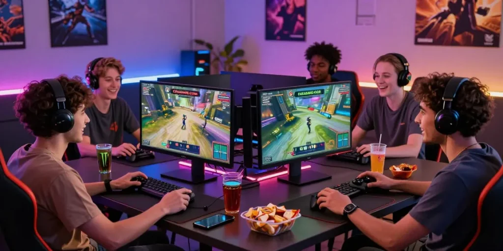 Group of friends gaming on CIKAGAMES.COM, showcasing multiplayer excitement and modern gaming setup.