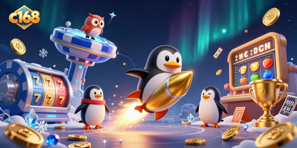 Win big with c168 in this exciting 3D casino scene featuring fun slots and golden treasures.