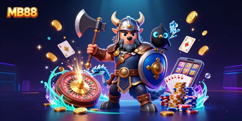 Experience 3D action with MB88's vibrant casino scene featuring champions and treasures.