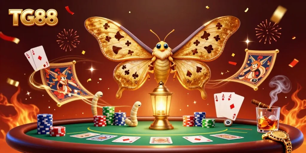 Experience the excitement of TG88 with vibrant casino scenes featuring a 3D atlas moth in a dazzling setting.