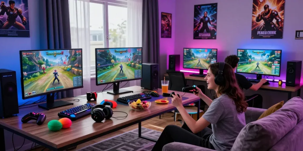 Gamer menikmati permainan terjun4d di ruang tamu modern dengan suasana ceria.