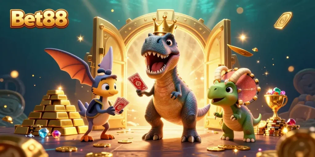 Bet88 casino scene with T-Rex playing cards, treasure, and fun elements for exciting gaming.