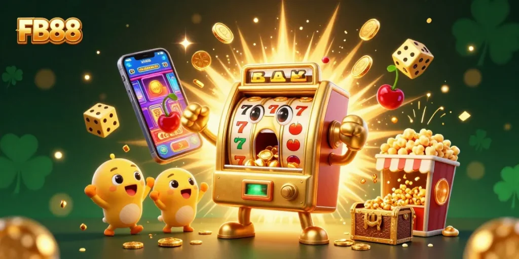 FB88 celebrates big wins as its cartoon slot machine hits a jackpot while coins pour out.